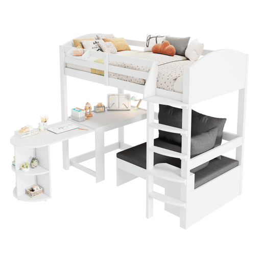 Cama alta infantil 90x200 - Multifuncional com escada, mesa removível, sofá com arrumação, prateleiras, almofadas - Branca