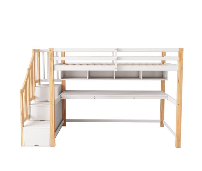 Cama alta infantil 90x200 - escritorio grande, estantes, colores naturales y blancos - madera maciza