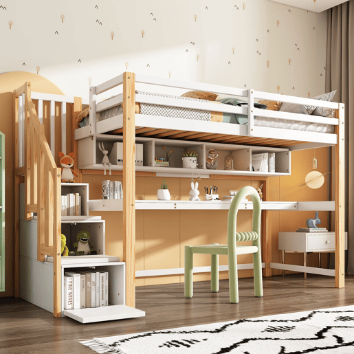 Cama alta infantil 90x200 - Secretária grande, prateleiras, cores naturais e brancas - Madeira maciça