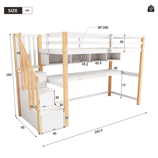 Cama alta infantil 90x200 - Secretária grande, prateleiras, cores naturais e brancas - Madeira maciça
