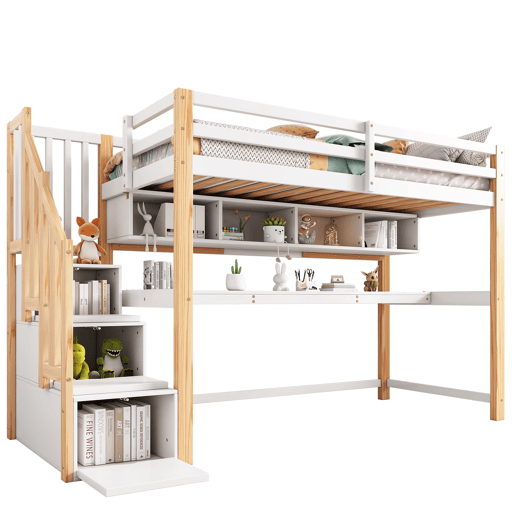 Cama alta infantil 90x200 - Secretária grande, prateleiras, cores naturais e brancas - Madeira maciça