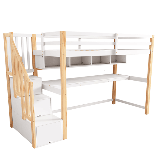 Cama alta infantil 90x200 - Secretária grande, prateleiras, cores naturais e brancas - Madeira maciça