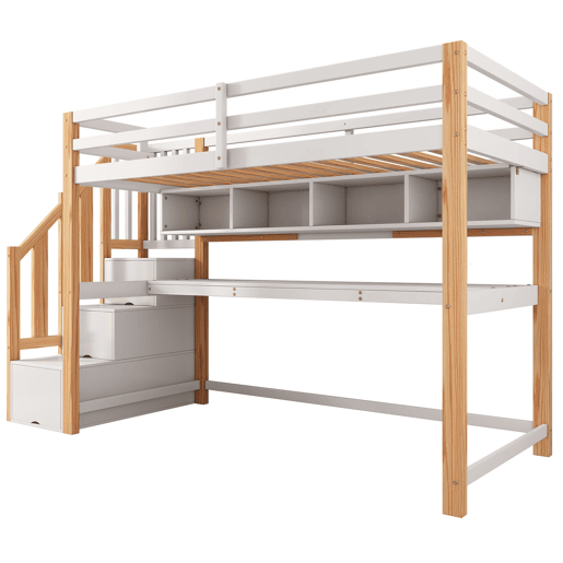 Cama alta infantil 90x200 - Secretária grande, prateleiras, cores naturais e brancas - Madeira maciça
