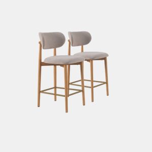 Pacote de 2 banquetas com encosto de madeira de carvalho natural estofadas em beige