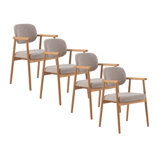 Pacote de 4 cadeirões de madeira de carvalho natural estofados em beige