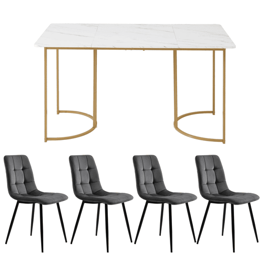 Conjunto de sala de jantar 140x80cm - Mesa com 4 cadeiras, pernas metálicas douradas, tampo em MDF branco, cadeiras em veludo cinza escuro