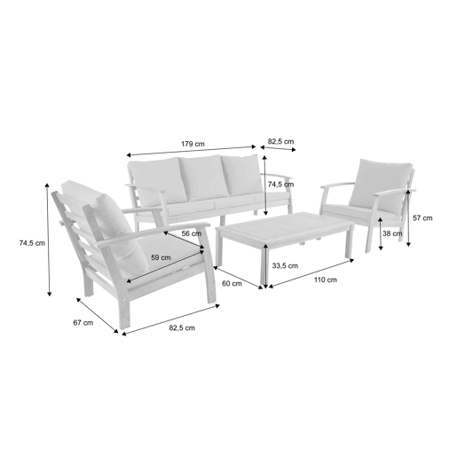 Conjunto de jardim em madeira de acácia, 5 lugares, Ushuaia 5, Cru, 179x82.5x74.5 cm Conjunto de jardim em madeira de acácia, 5 lugares, Ushuaia 5, Cru, 179x82.5x74.5 cm
