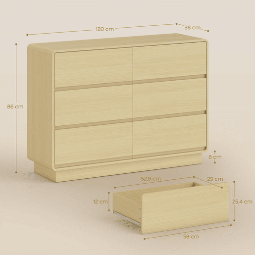 HOMCOM Cómoda com 6 Gavetas Bordos Arredondadas Cómoda para Sala Cozinha Entrada Escritório 120x38x86 cm Madeira
