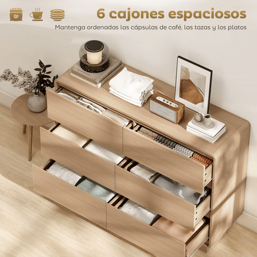 HOMCOM Cómoda com 6 Gavetas Bordos Arredondadas Cómoda para Sala Cozinha Entrada Escritório 120x38x86 cm Madeira