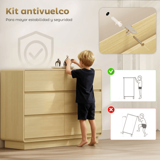 HOMCOM Cómoda com 6 Gavetas Bordos Arredondadas Cómoda para Sala Cozinha Entrada Escritório 120x38x86 cm Madeira