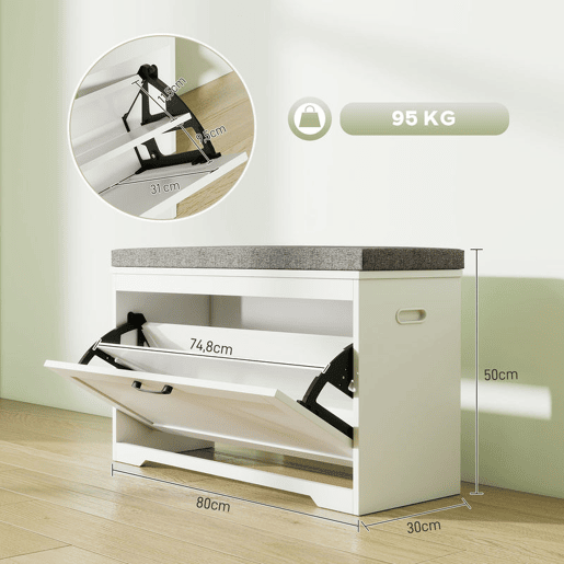 HOMCOM Banco Sapateira Moderno com Assento Acolchoado Prateleira Ajustável para 8 Pares de Sapatos para Entrada Corredor Quarto 80x30x50 cm Branco HOMCOM Banco Sapateira Moderno com Assento Acolchoado Prateleira Ajustável para 8 Pares de Sapatos para Entrada Corredor Quarto 80x30x50 cm Branco