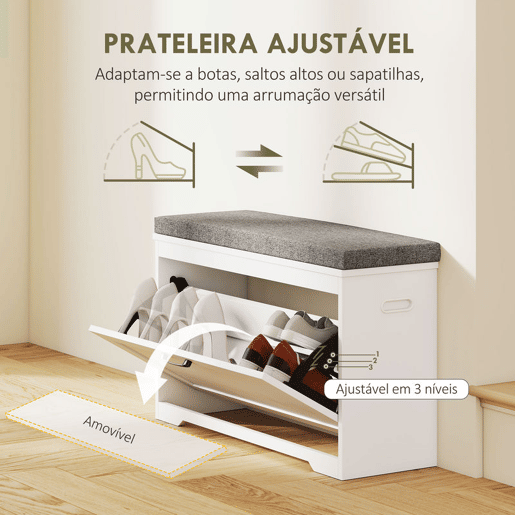 HOMCOM Banco Sapateira Moderno com Assento Acolchoado Prateleira Ajustável para 8 Pares de Sapatos para Entrada Corredor Quarto 80x30x50 cm Branco HOMCOM Banco Sapateira Moderno com Assento Acolchoado Prateleira Ajustável para 8 Pares de Sapatos para Entrada Corredor Quarto 80x30x50 cm Branco
