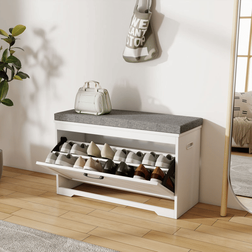 HOMCOM Banco Sapateira Moderno com Assento Acolchoado Prateleira Ajustável para 8 Pares de Sapatos para Entrada Corredor Quarto 80x30x50 cm Branco HOMCOM Banco Sapateira Moderno com Assento Acolchoado Prateleira Ajustável para 8 Pares de Sapatos para Entrada Corredor Quarto 80x30x50 cm Branco