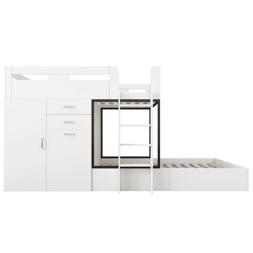Beliche 90x200 - Com secretária extraível, armário, prateleiras, escada - Branco+Preto