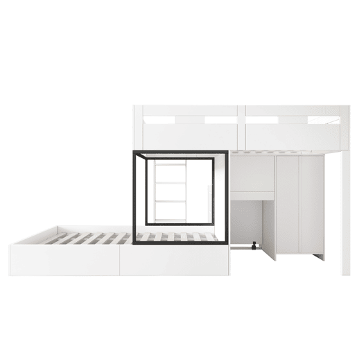 Beliche 90x200 - Com secretária extraível, armário, prateleiras, escada - Branco+Preto