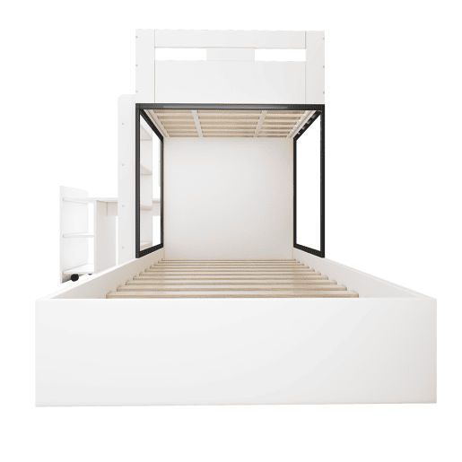 Beliche 90x200 - Com secretária extraível, armário, prateleiras, escada - Branco+Preto