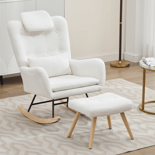 Cadeira de balanço com apoio para os pés - Design moderno, com braços, tecido de veludo, até 100 kg - Branco