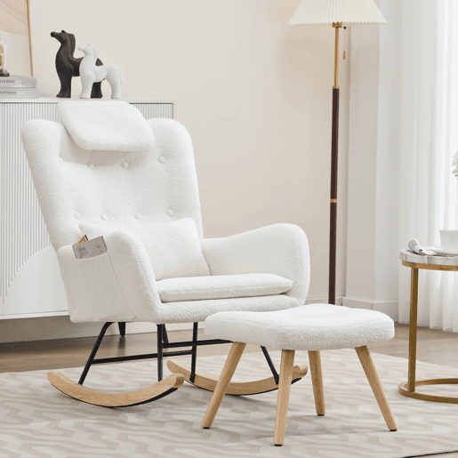 Cadeira de balanço com apoio para os pés - Design moderno, com braços, tecido de veludo, até 100 kg - Branco
