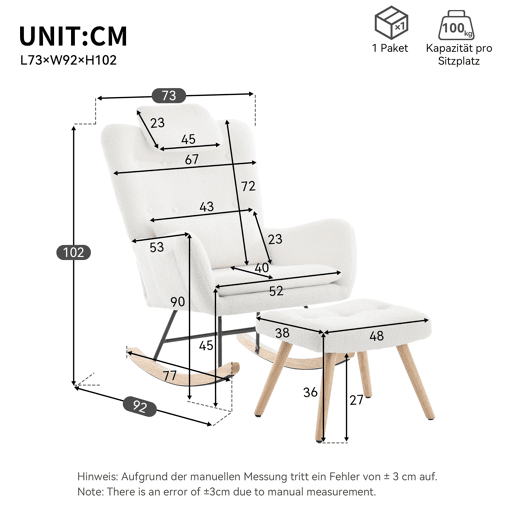Cadeira de balanço com apoio para os pés - Design moderno, com braços, tecido de veludo, até 100 kg - Branco