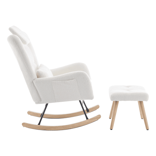 Cadeira de balanço com apoio para os pés - Design moderno, com braços, tecido de veludo, até 100 kg - Branco