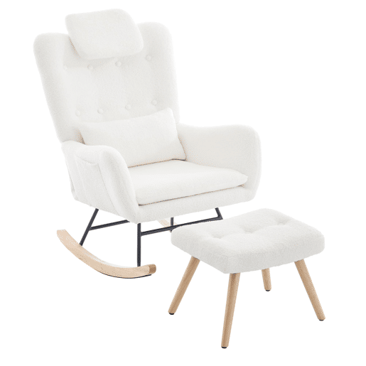 Cadeira de balanço com apoio para os pés - Design moderno, com braços, tecido de veludo, até 100 kg - Branco
