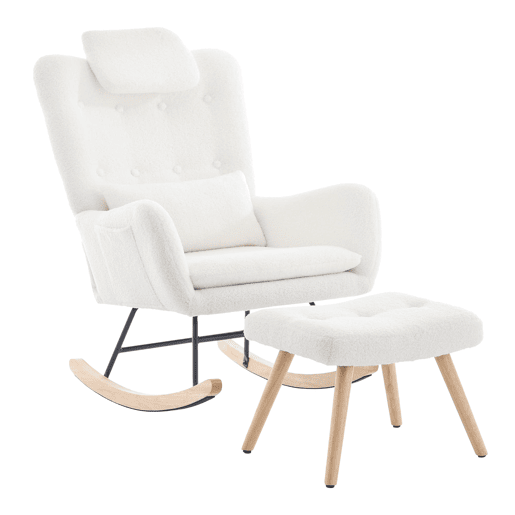 Cadeira de balanço com apoio para os pés - Design moderno, com braços, tecido de veludo, até 100 kg - Branco