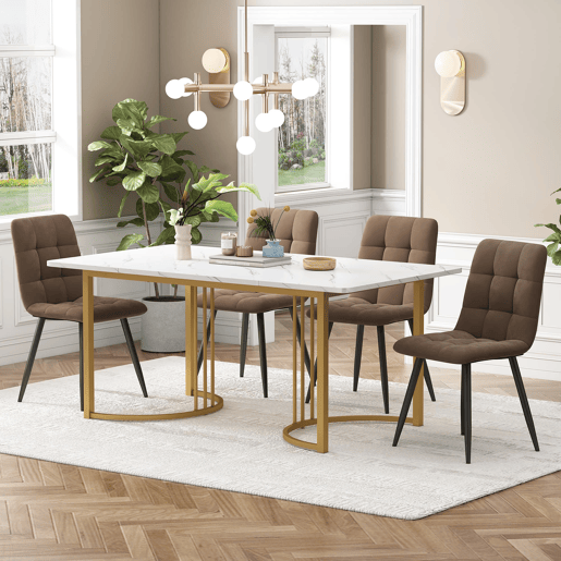 Conjunto de sala de jantar 140x80cm - Mesa com 4 cadeiras de veludo castanho, pernas douradas