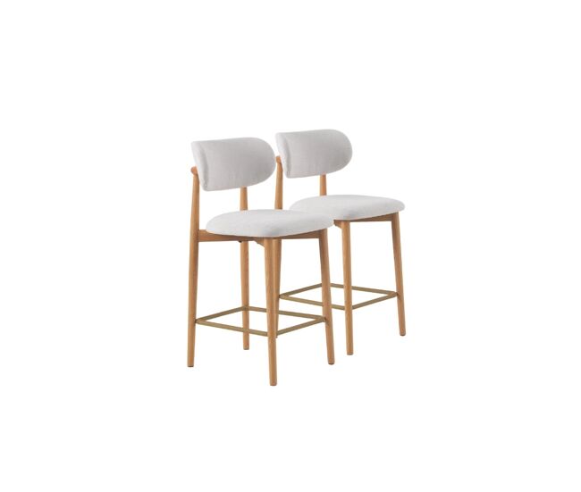 Pack 2 taburetes con respaldo de madera de roble natural tapizado en blanco