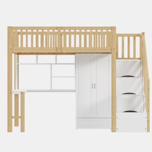 Cama alta 90x200 - Com armário grande, prateleira e mesa, escada com arrumação - Cor madeira