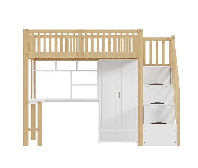 Cama alta 90x200 - con armario grande, estante y mesa, escalera con almacenamiento - color madera