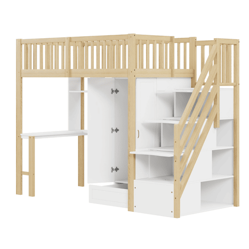 Cama alta 90x200 - Com armário grande, prateleira e mesa, escada com arrumação - Cor madeira