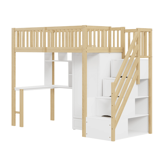 Cama alta 90x200 - Com armário grande, prateleira e mesa, escada com arrumação - Cor madeira