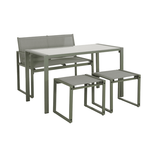 Mesa de jardim embutida em aço e textilene, 4 assentos, Tavena, Verde caqui, 125x59.5x74 cm