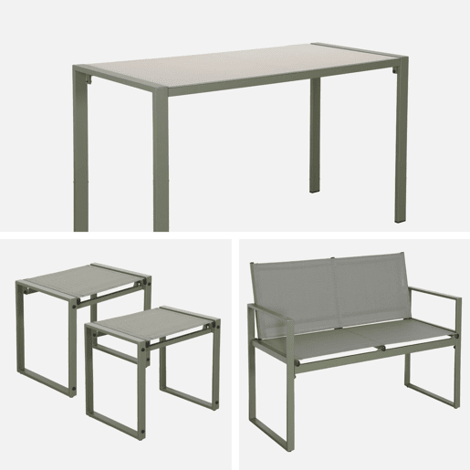 Mesa de jardim embutida em aço e textilene, 4 assentos, Tavena, Verde caqui, 125x59.5x74 cm