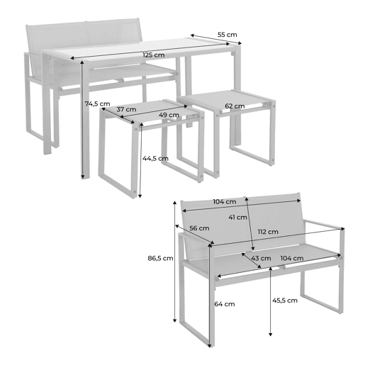 Mesa de jardim embutida em aço e textilene, 4 assentos, Tavena, Verde caqui, 125x59.5x74 cm