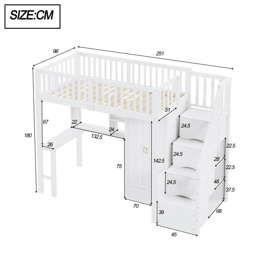 Cama alta 90x200 - Com armário, estante, mesa e escada, estrutura em madeira, branca