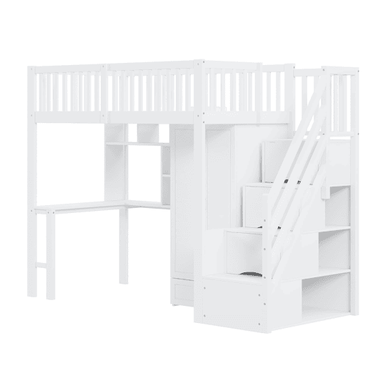 Cama alta 90x200 - Com armário, estante, mesa e escada, estrutura em madeira, branca