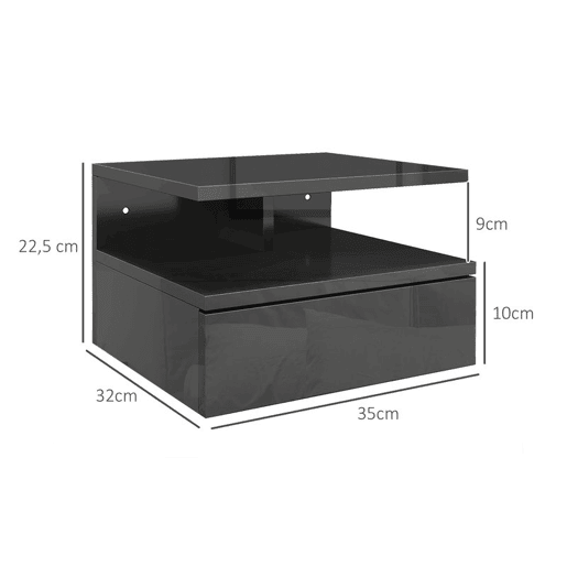 HOMCOM Conjunto de 2 Mesas de Cabeceira Flutuantes, Mesas de Cabeceira com Gaveta e Prateleira Aberta, Design Moderno, Para Sala de Estar, 35x32x22,5 cm, Preto Brilhante