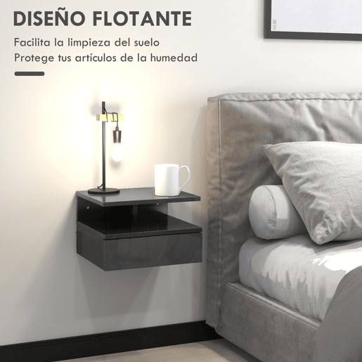 HOMCOM Conjunto de 2 Mesas de Cabeceira Flutuantes, Mesas de Cabeceira com Gaveta e Prateleira Aberta, Design Moderno, Para Sala de Estar, 35x32x22,5 cm, Preto Brilhante