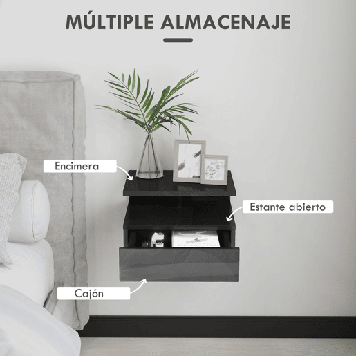 HOMCOM Conjunto de 2 Mesas de Cabeceira Flutuantes, Mesas de Cabeceira com Gaveta e Prateleira Aberta, Design Moderno, Para Sala de Estar, 35x32x22,5 cm, Preto Brilhante