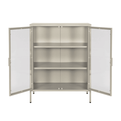 Aparador vitrine de aço e vidro temperado com 2 portas, 102cm, Arkansas, Beige, 80x35x102 cm