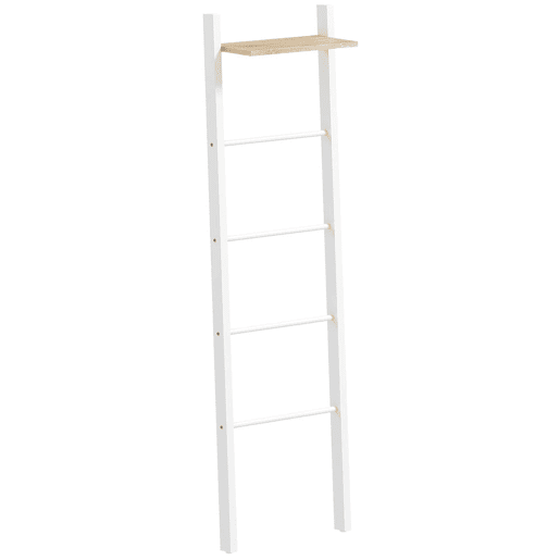 HOMCOM Toalheiro de Escada com Prateleira Superior e 4 Barras Suporte de Toalhas para Encostar na Parede Prateleira Inclinada para Quarto Sala de Estar 43x20x151 cm Branco e Carvalho