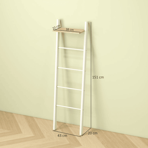 HOMCOM Toalheiro de Escada com Prateleira Superior e 4 Barras Suporte de Toalhas para Encostar na Parede Prateleira Inclinada para Quarto Sala de Estar 43x20x151 cm Branco e Carvalho