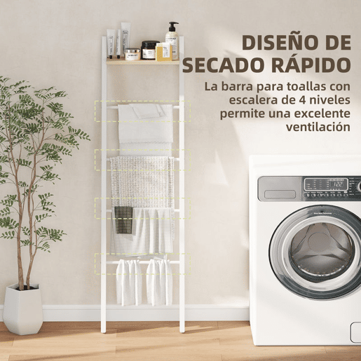 HOMCOM Toalheiro de Escada com Prateleira Superior e 4 Barras Suporte de Toalhas para Encostar na Parede Prateleira Inclinada para Quarto Sala de Estar 43x20x151 cm Branco e Carvalho