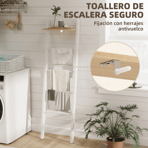 HOMCOM Toalheiro de Escada com Prateleira Superior e 4 Barras Suporte de Toalhas para Encostar na Parede Prateleira Inclinada para Quarto Sala de Estar 43x20x151 cm Branco e Carvalho