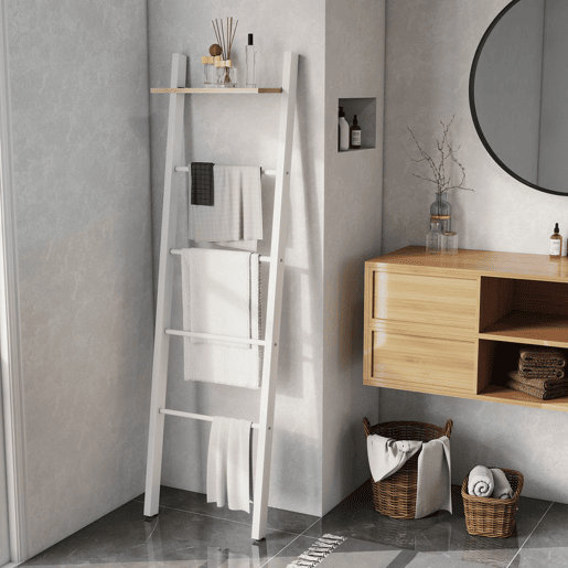HOMCOM Toalheiro de Escada com Prateleira Superior e 4 Barras Suporte de Toalhas para Encostar na Parede Prateleira Inclinada para Quarto Sala de Estar 43x20x151 cm Branco e Carvalho