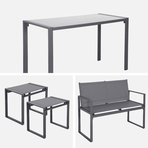 Mesa de jardim embutida em aço e textilene, 4 assentos, Tavena, Antracite, 125x59.5x74 cm