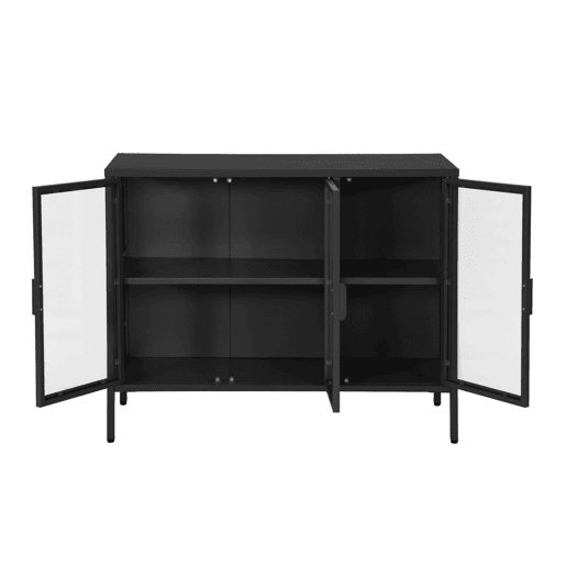 Aparador industrial de metal e vidro temperado 3 portas, 100cm, Arkansas, Preto, 100x35x80 cm