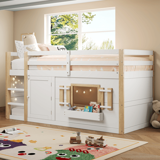 Cama infantil 90x200 cm - Beliche multifuncional com escada e área de brincar - Branco
