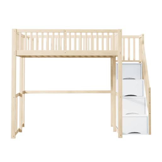 Cama alta 140x200 cm - Escada de segurança com arrumação, estrutura em pinho, cor madeira Cama alta 140x200 cm - Escada de segurança com arrumação, estrutura em pinho, cor madeira